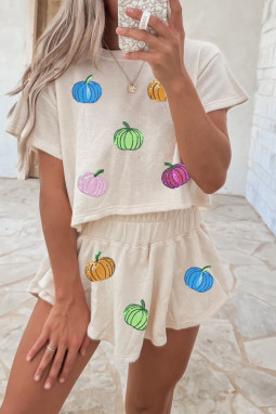 米色多色亮片南瓜裁剪T恤松散2件Skort套件