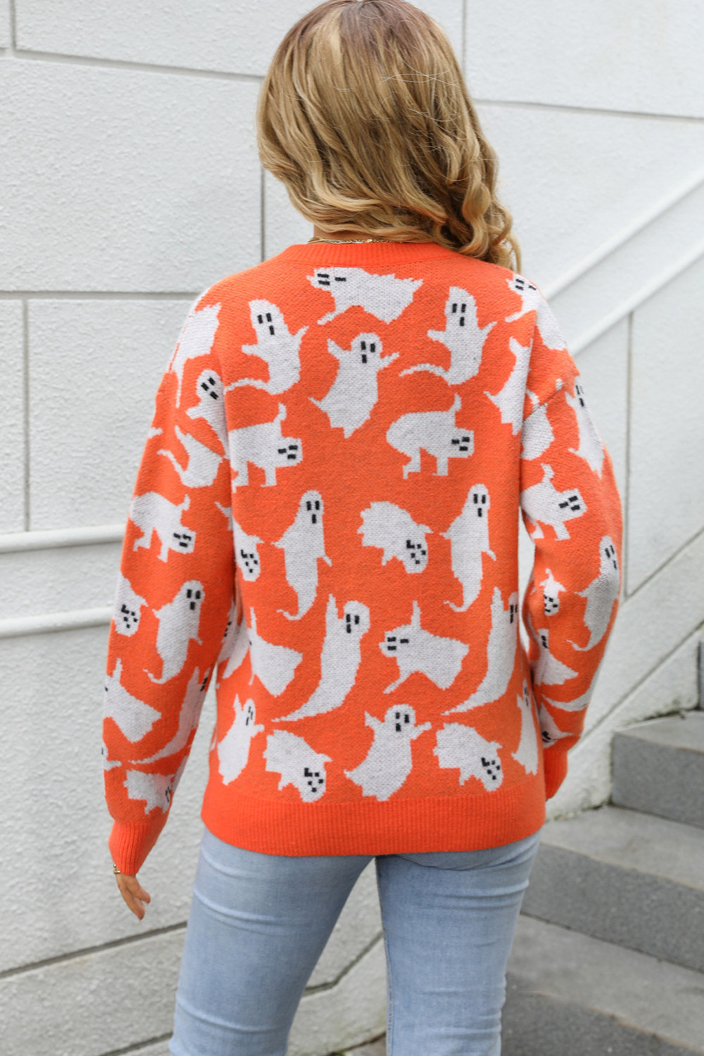 橙色万圣节幽灵全盘肩膀节日毛衣 LC2727357