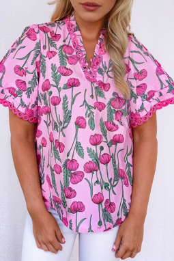 粉红色的花边蕾丝细节褶皱v脖子夏季上衣