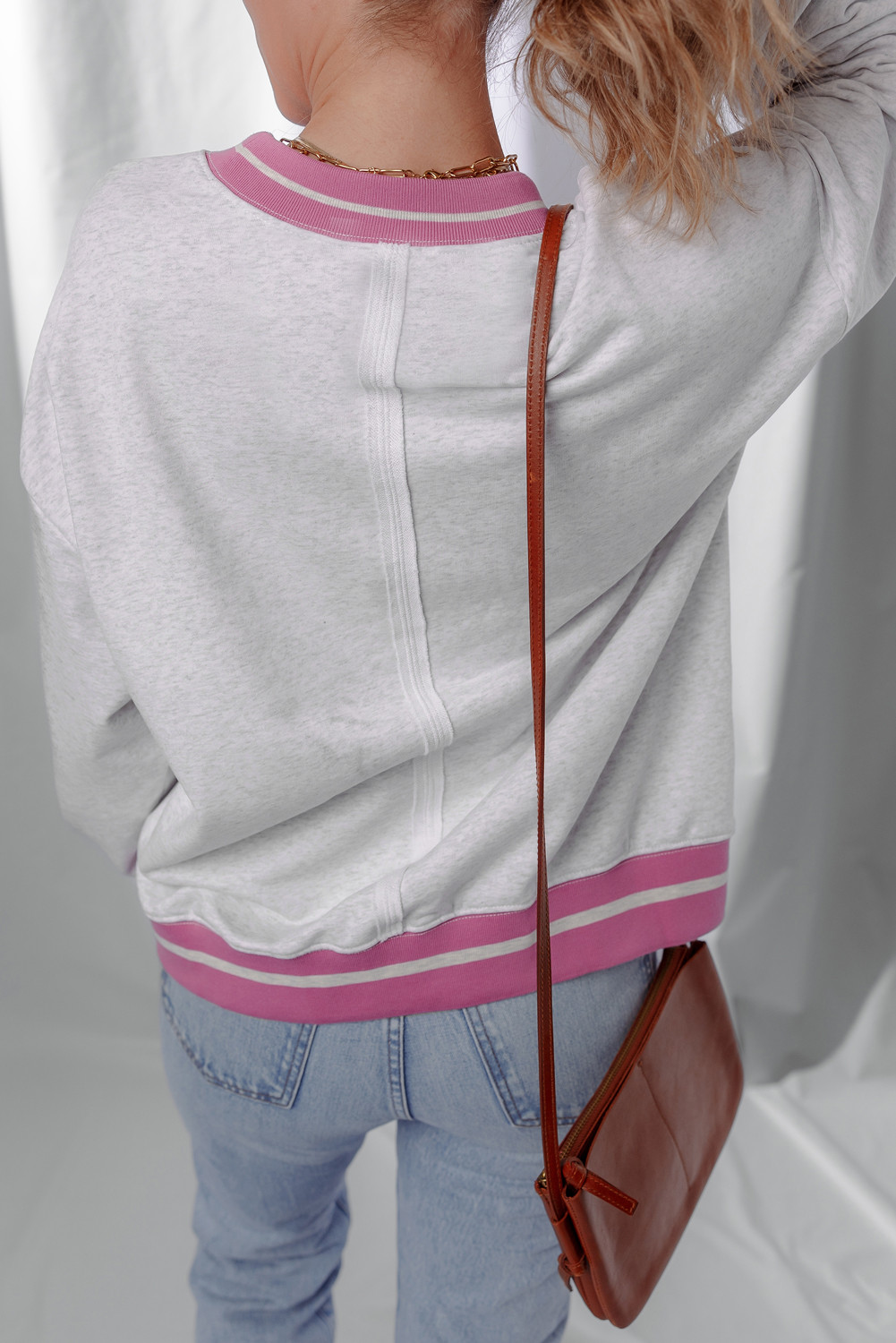 灰色花斑对比装饰船员脖子运动衫 LC25319587