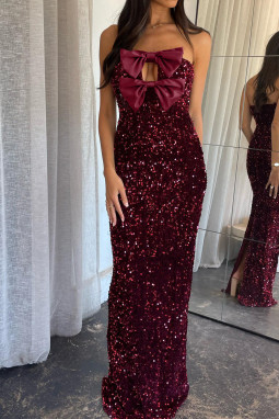 红色大丽花缎弓装饰亮片无肩带长派对礼服