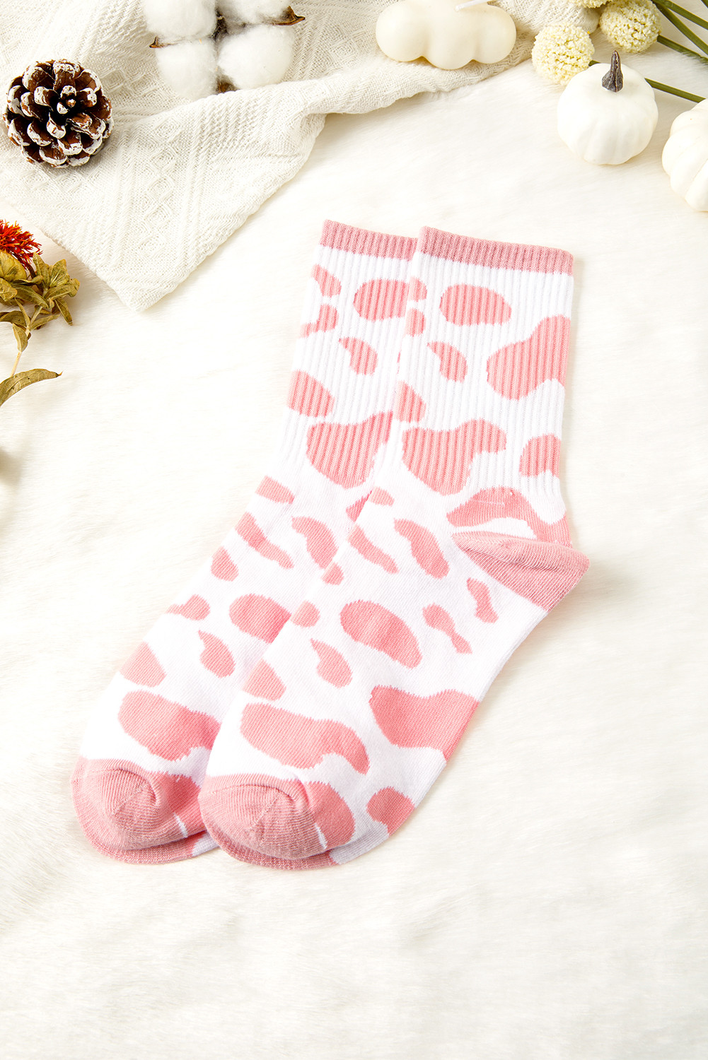 粉红色的奶牛打印细节船员袜子 BH043213