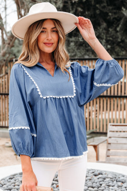 黄昏蓝色蕾丝RIC RAC 3/4 PUFF袖子领babydoll上衣