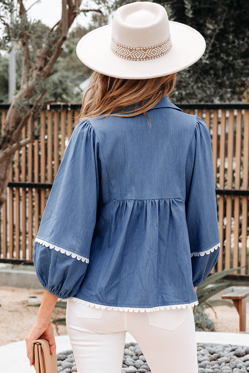 黄昏蓝色蕾丝RIC RAC 3/4 PUFF袖子领babydoll上衣 LC25132846