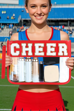 火红的红色欢呼雪尼尔字母pu皮革拼布清除化妆包