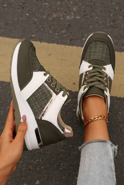 黑色绿色闪光修补蕾丝楔运动鞋