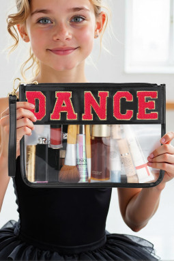 黑色舞蹈雪尼尔字母PU皮革拼布清除化妆包