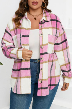 粉红色格子色块纽扣长袖外套和口袋