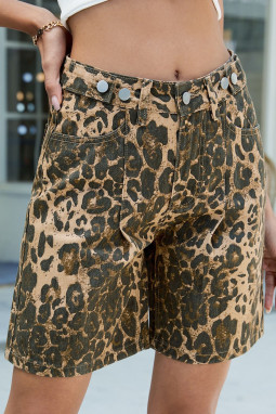 卡其色复古豹纹松散的牛仔短裤