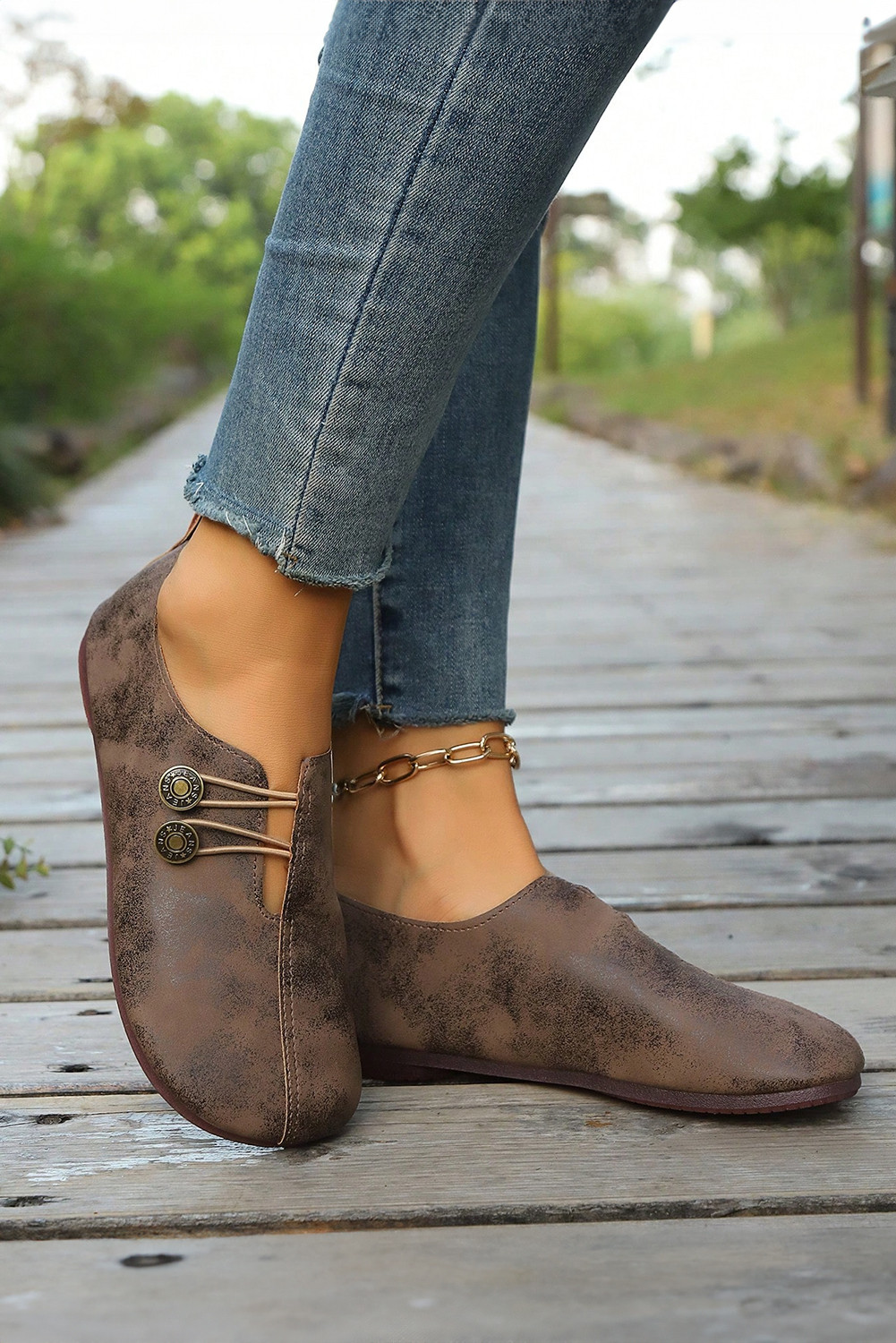 咖啡牛仔裤纽扣详细信息波西米亚风格人造皮革鞋鞋 BH023973
