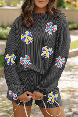 碳灰色彩色亮片蝴蝶结长袖顶部和短裤扭曲的肋骨2pcs服装