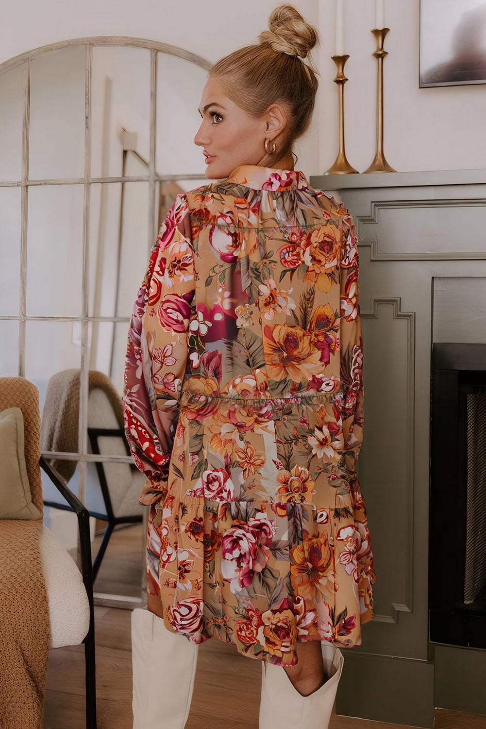 棕色复古花卉印花衬衫样式半按钮长袖荷叶边迷你连衣裙 LC6126049