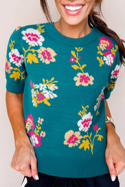蓝色花图案模拟颈部短袖针织T恤