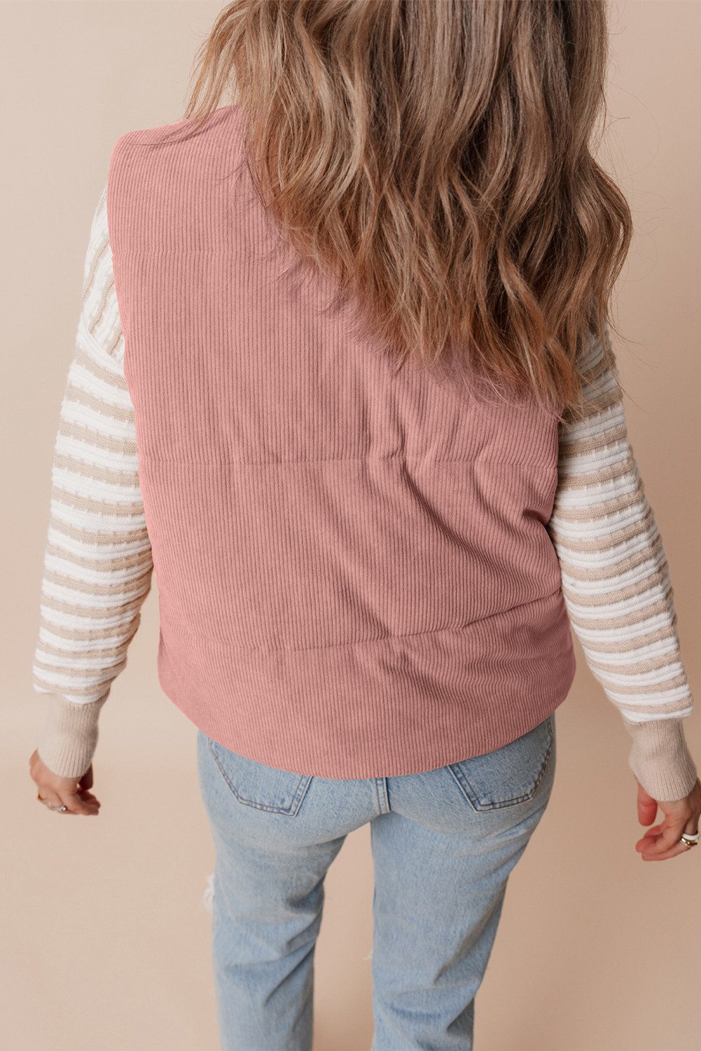 杏子粉红色的灯芯绒支架脖子拉链河豚背心 LC856209