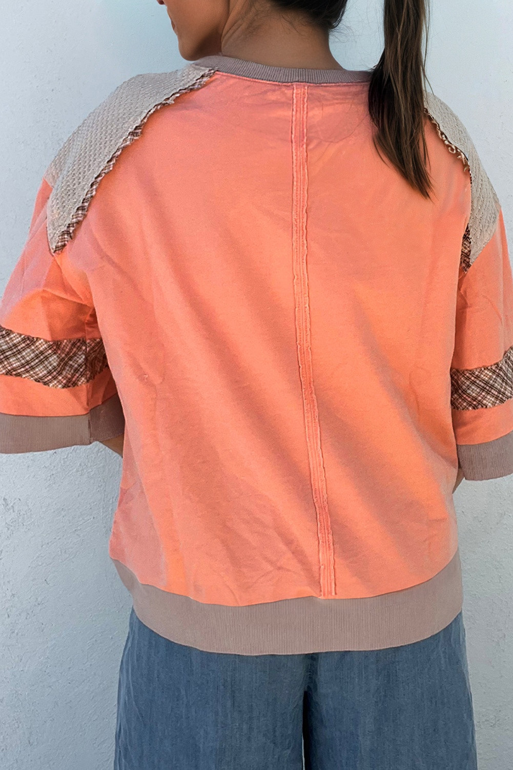 葡萄柚橙色格子华夫饼花拼布手链袖上衣 LC25132917