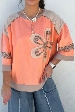 葡萄柚橙色格子华夫饼花拼布手链袖上衣