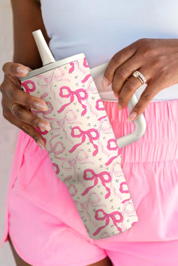 明亮的粉红色40盎司可爱的弓形印刷小心脏翻盖稻草处理真空玻璃杯