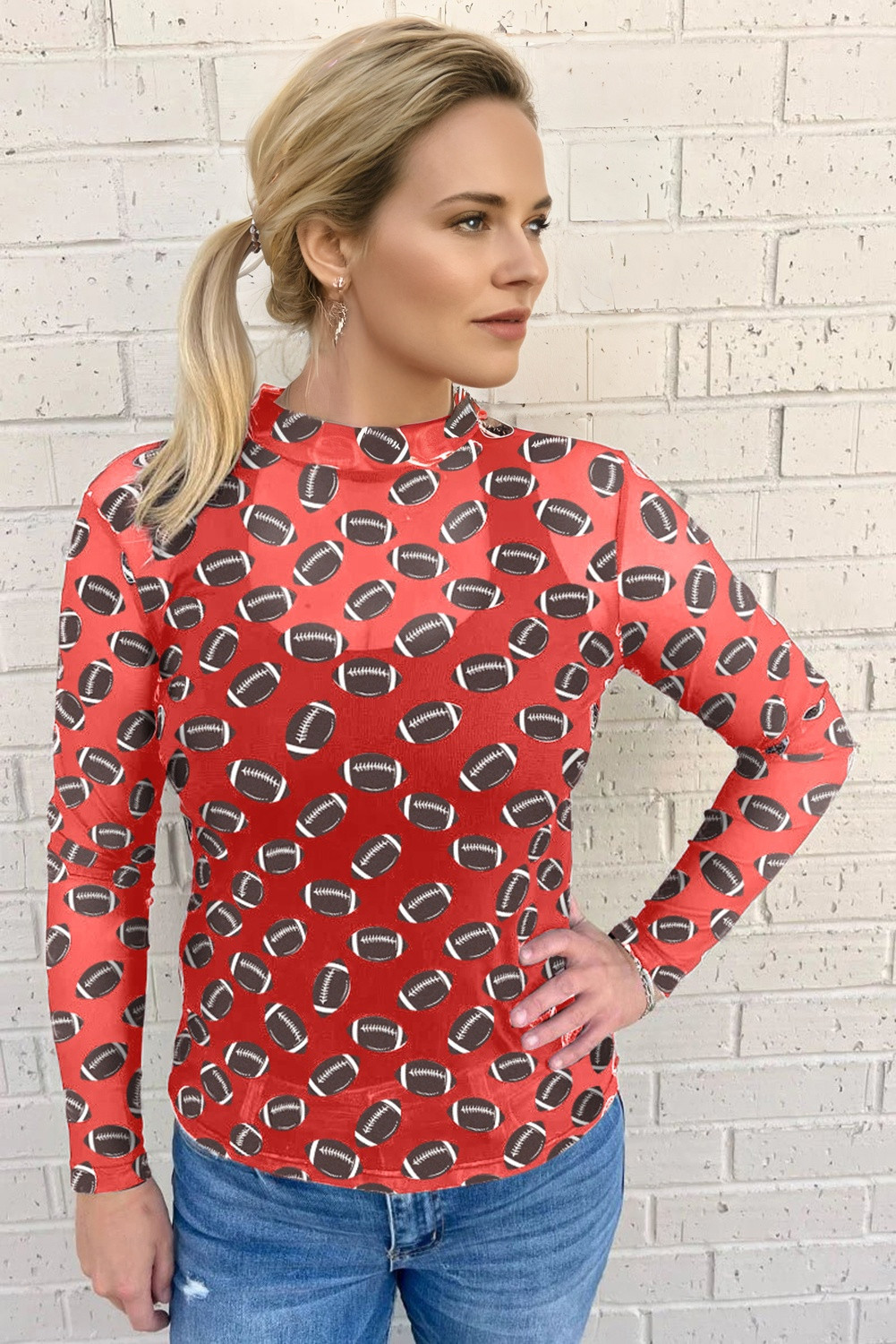 红色游戏日橄榄球网状纯粹的长袖上衣 LC25229504