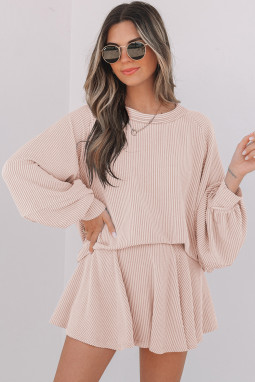 Jet Stream 绳纹灯笼袖上衣高腰荷叶边迷你裙套装