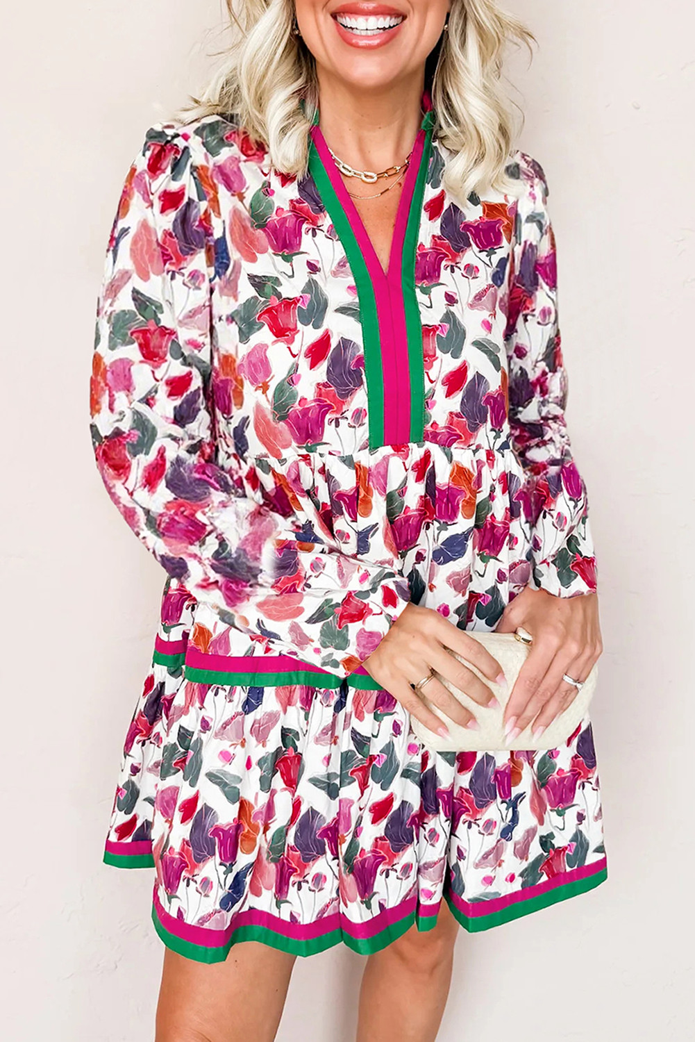 紫色的花卉印花对比条纹细节长袖迷你连衣裙 DLM61263369