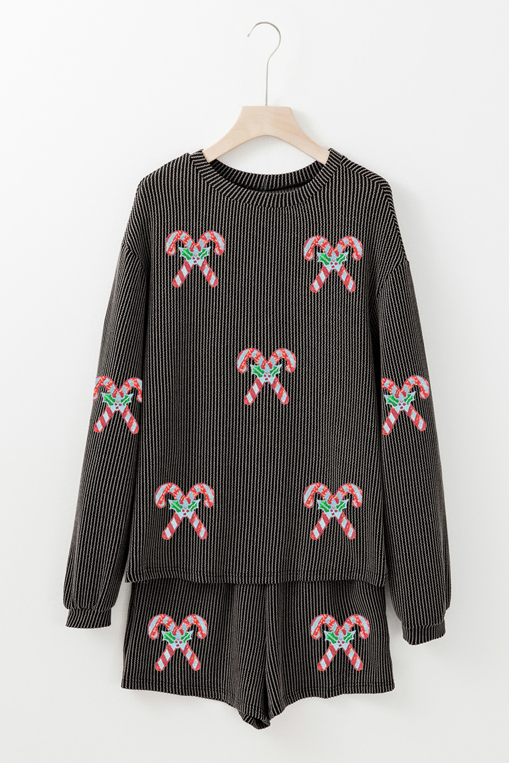 碳灰色扭曲的肋亮片冬青糖果甘蔗长袖顶部和短裤2pcs服装 LC628440