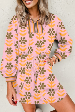 粉红色的花卉印花拉链颈部条纹拼布长袖拉链连衣裙