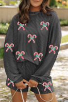 碳灰色扭曲的肋亮片冬青糖果甘蔗长袖顶部和短裤2pcs服装