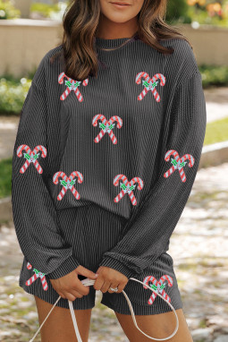 碳灰色扭曲的肋亮片冬青糖果甘蔗长袖顶部和短裤2pcs服装