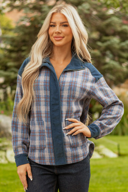 灰色格子灯芯绒拼布领系拉链扣纽扣夹克