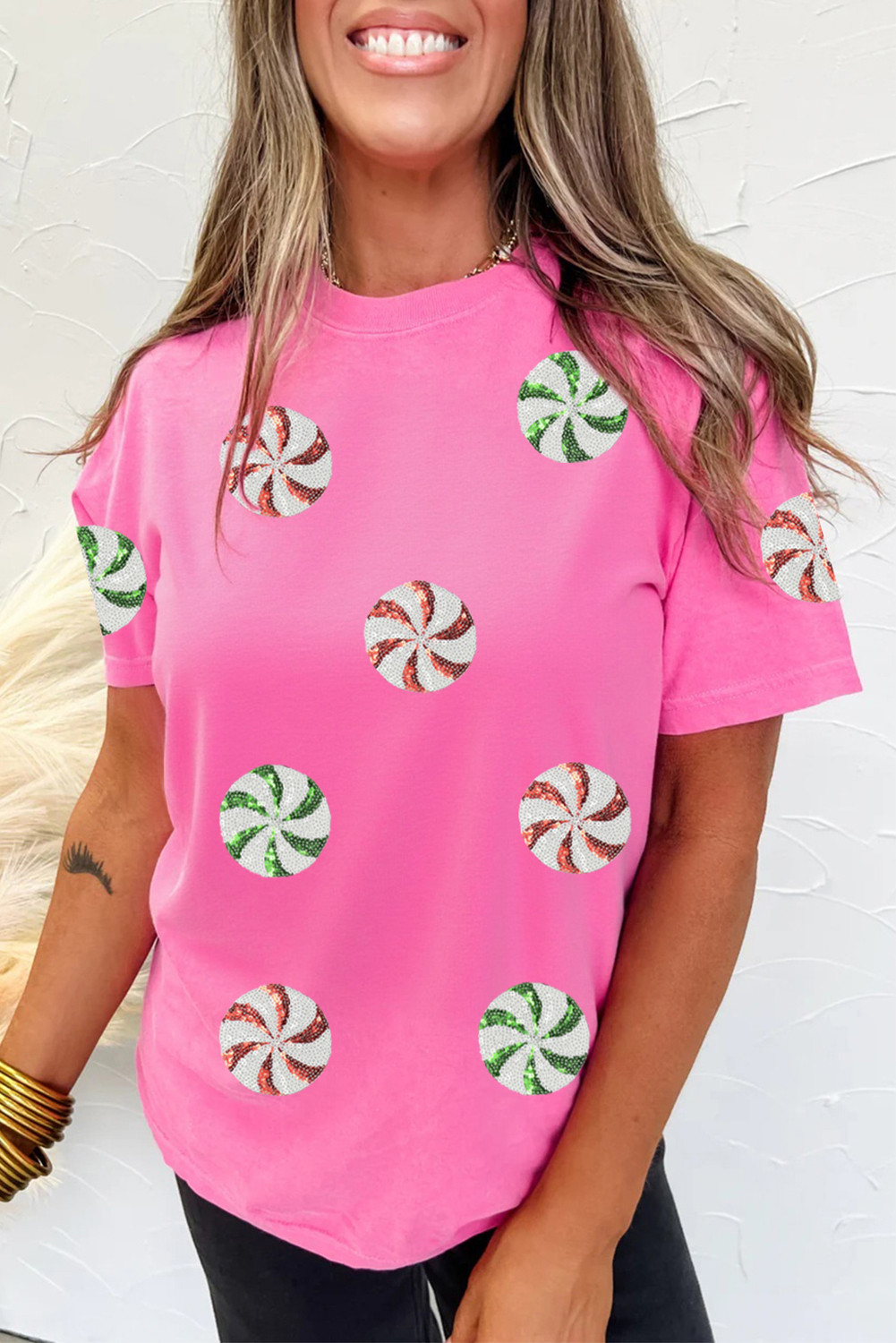 香囊粉红色亮片薄荷图案圣诞节定制T恤 LC25229985