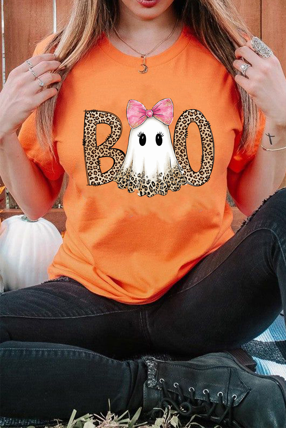橙色嘘声字母印刷万圣节幽灵T恤 LC25230011