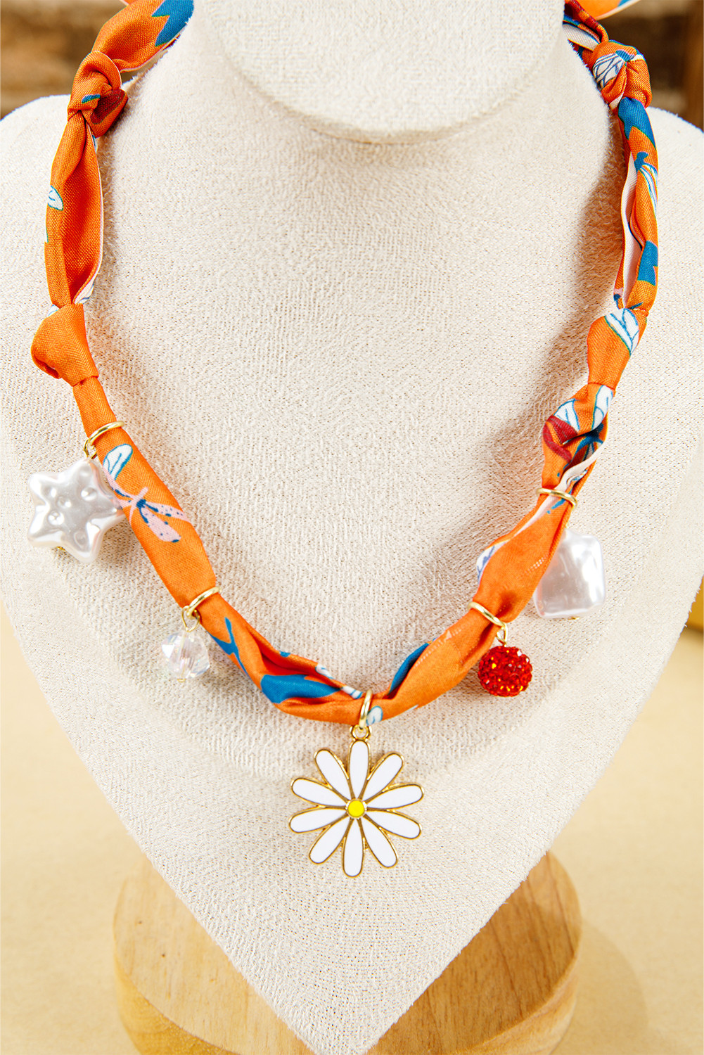 橙色蜻蜓印花雏菊花珍珠水晶装饰丝带项链 BH014481