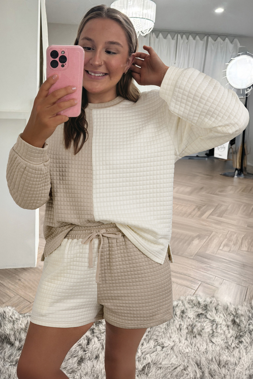 卡其色块拼布纹理纹理长袖顶部2件短套件 LC628230