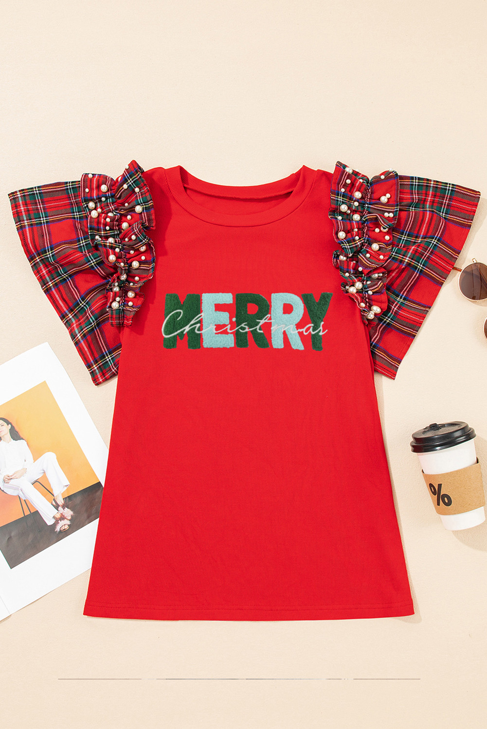 赛车红色快乐补丁图形珍珠格子荷叶边袖子拼布T恤 LC25230014