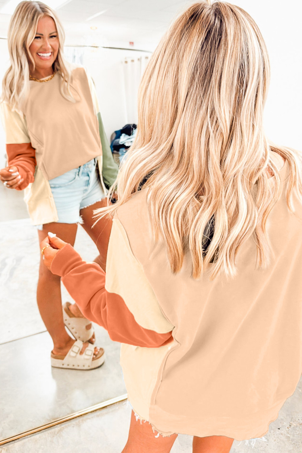 米色色块拼布分裂下摆休闲运动衫 LC25320422