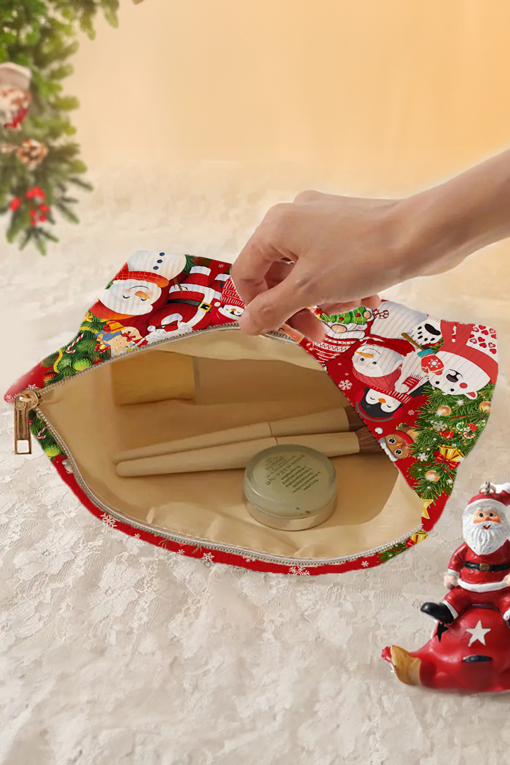 火红圣诞快乐新年快乐灯芯绒化妆包 BH031532