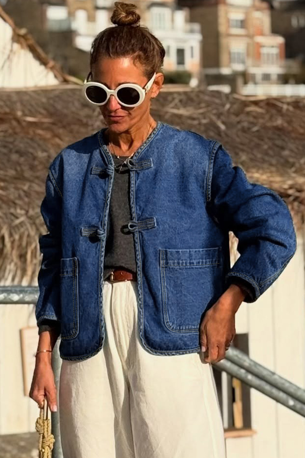 帆蓝色老式固定大斑袋直剪深清洗牛仔夹克 LC788799