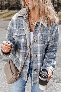 天蓝色条纹夏尔巴袖袖口拼布格子衬衫夹克带胸口袋