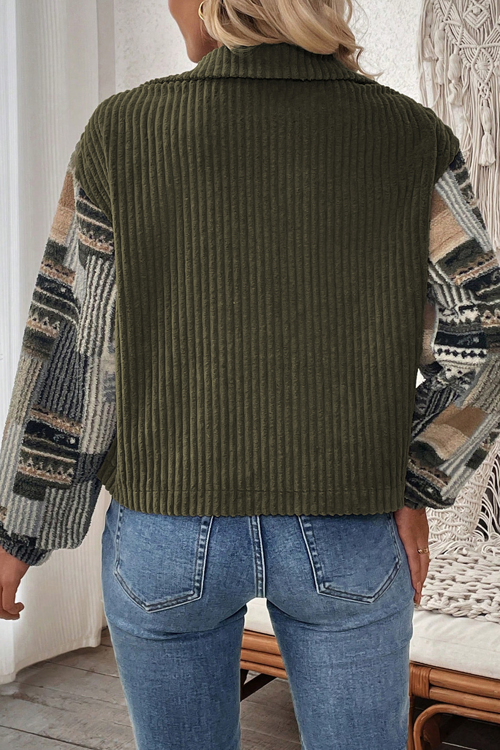 丛林绿色肋羊毛格子打印拼布纽扣夹克 LC8513797