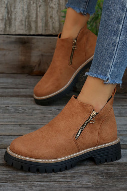 栗色人造绒面革侧拉链踝靴