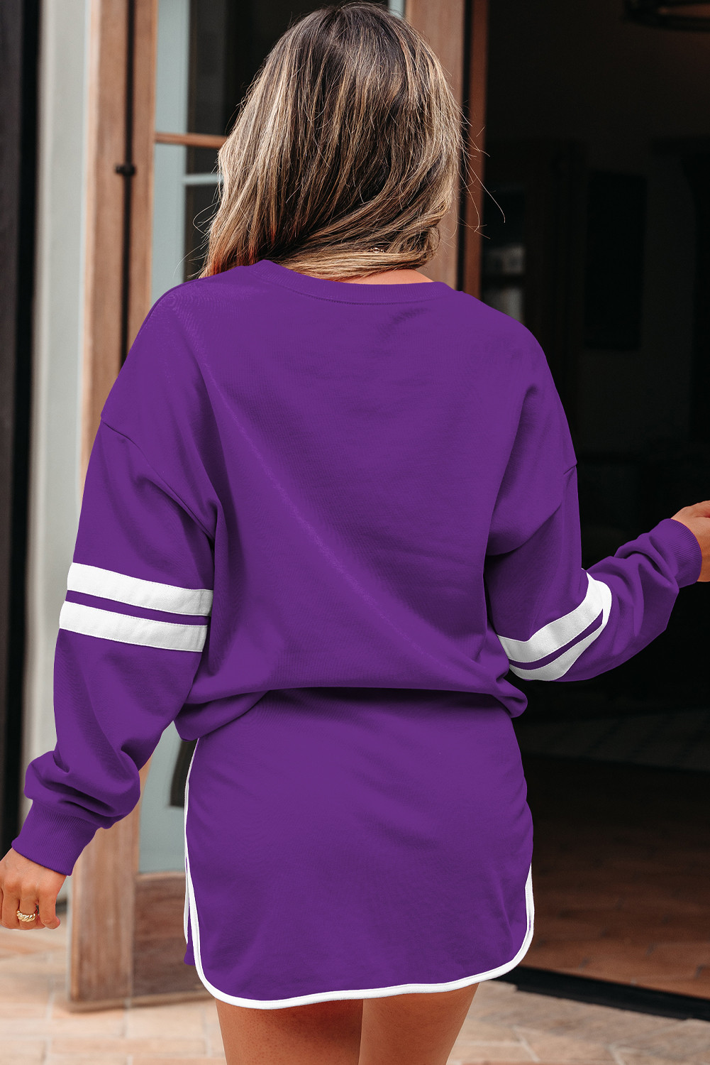 tillandsia紫色大学条纹细节滴肩套皮迷你裙套件 LC25319578