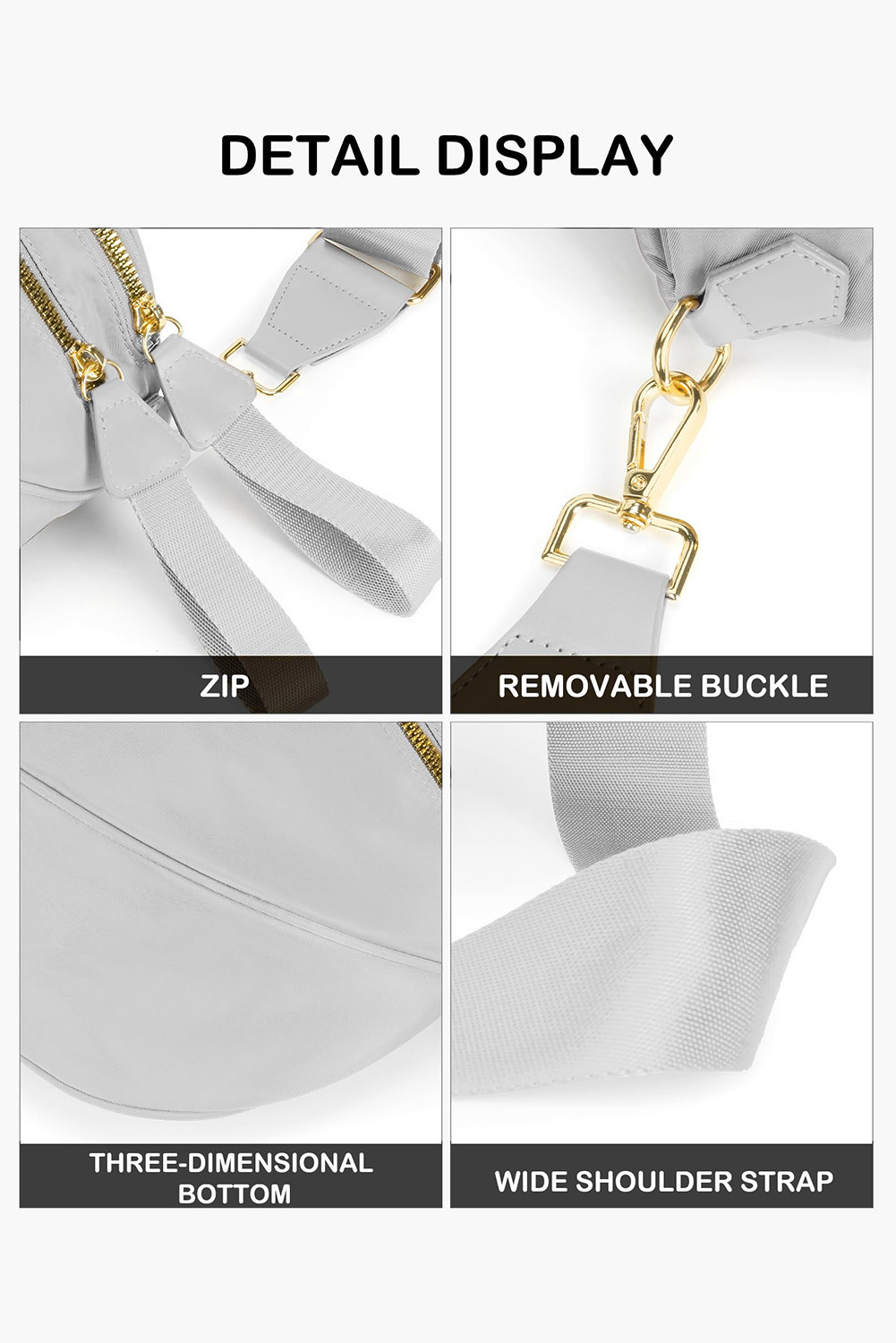 浅灰色双拉链月形可调节单肩包 BH031437