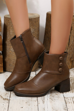 咖啡色球扣侧拉链仿皮高跟靴