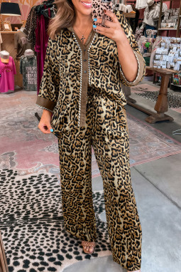 棕色豹纹领3/4袖衬衫宽松裤两件套