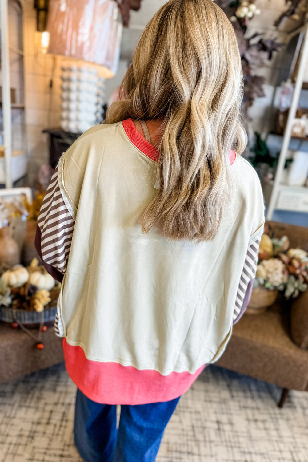 白色拼色条纹拼布 Dolman 开衩套头衫 LC25320607