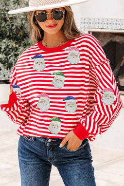 红色条纹亮片圣诞老人圆领毛缝细节圣诞长袖上衣