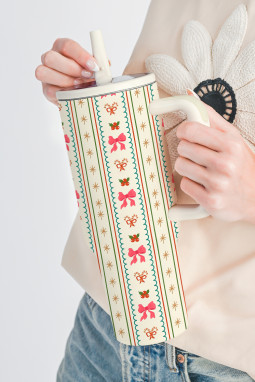 白色 Holly Jolly 蝴蝶结条纹印花翻盖吸管杯