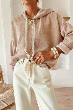 休闲保暖纹理蕾丝抽绳宽松连帽衫