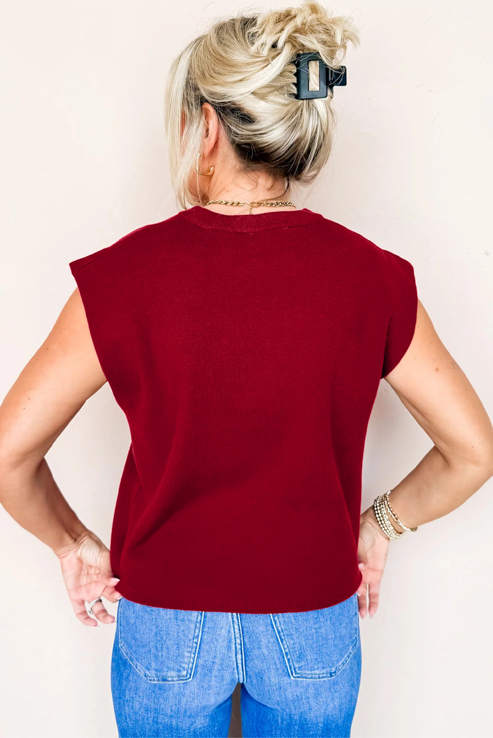 赛车红纯色圆领针织帽袖毛衣 LC2771149