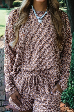 卡其色豹纹罗纹长袖上衣抽绳短裤 2 件套